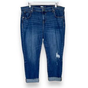 Old Navy Boyfriend Straight Cuffed Distressed Cropped Blue Denim Jeans Women 14
